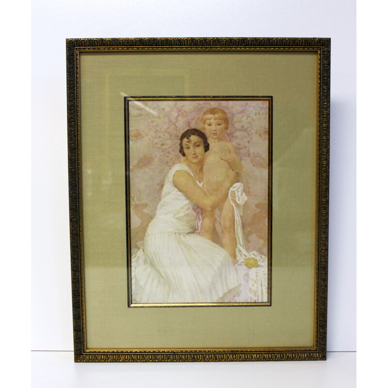 Vintage lithograph "Mother and Child" by Gustave Lorrain, 1930