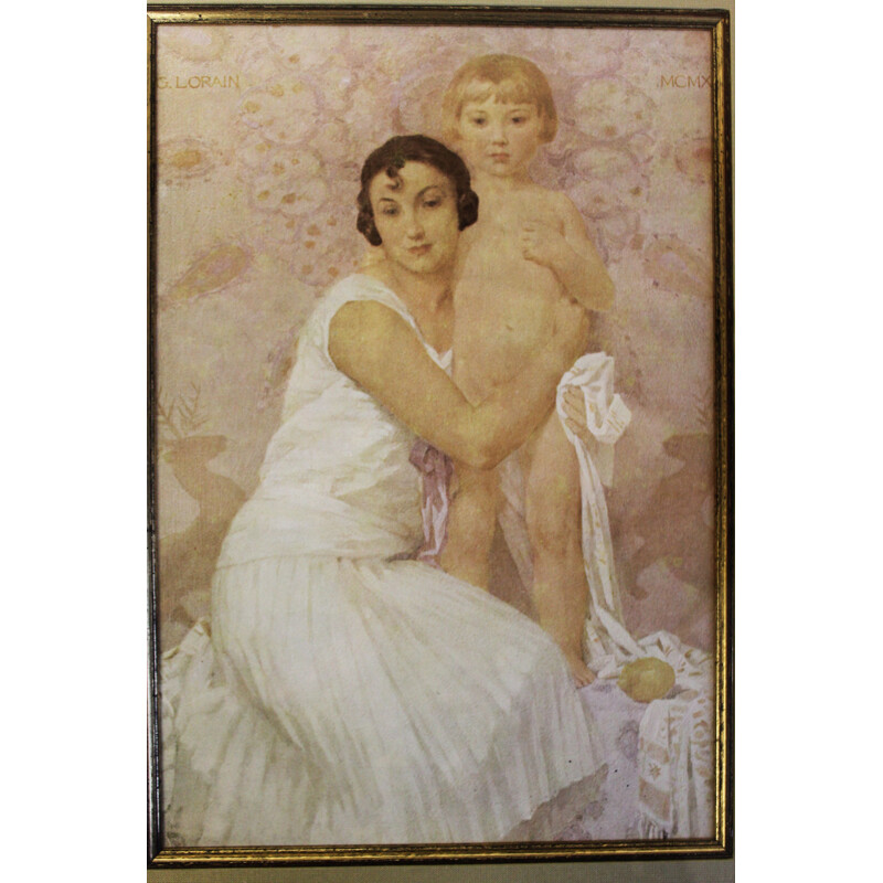 Vintage lithograph "Mother and Child" by Gustave Lorrain, 1930