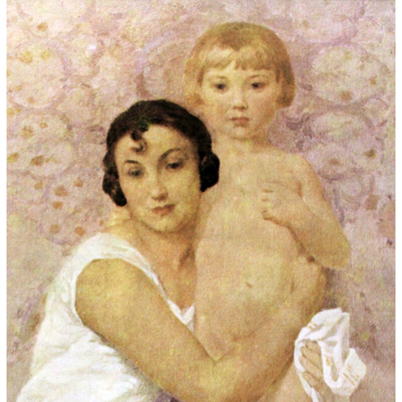 Vintage lithograph "Mother and Child" by Gustave Lorrain, 1930