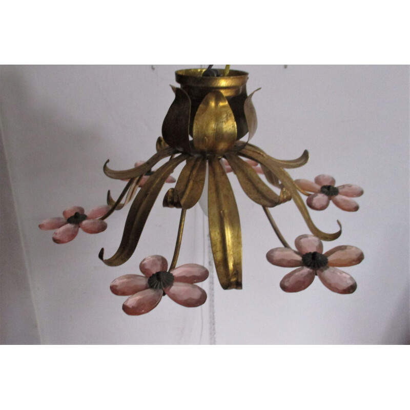 Vinatge gold color with pink Murano glass crystal chandelier, Italy 1960s