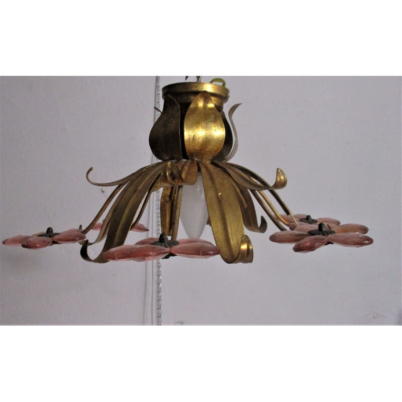 Vinatge gold color with pink Murano glass crystal chandelier, Italy 1960s