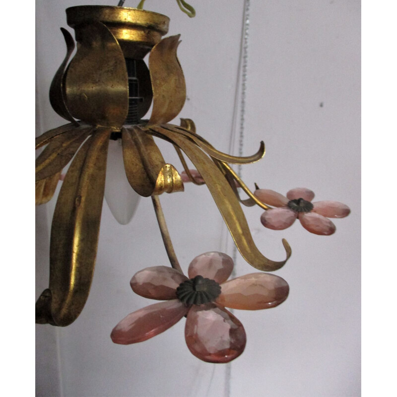 Vinatge gold color with pink Murano glass crystal chandelier, Italy 1960s