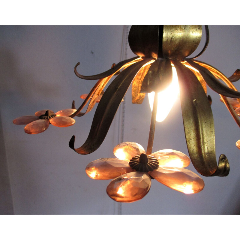 Vinatge gold color with pink Murano glass crystal chandelier, Italy 1960s