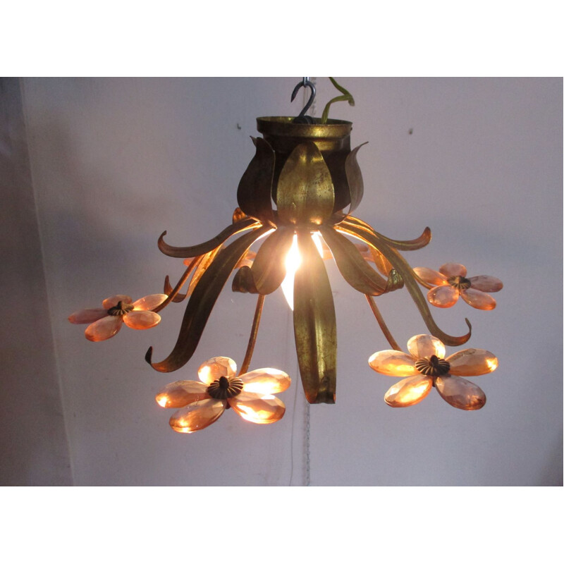 Vinatge gold color with pink Murano glass crystal chandelier, Italy 1960s