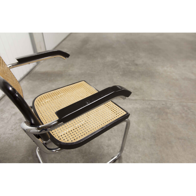 Vintage b64 armchair in black with honey-colored cane by Breuer