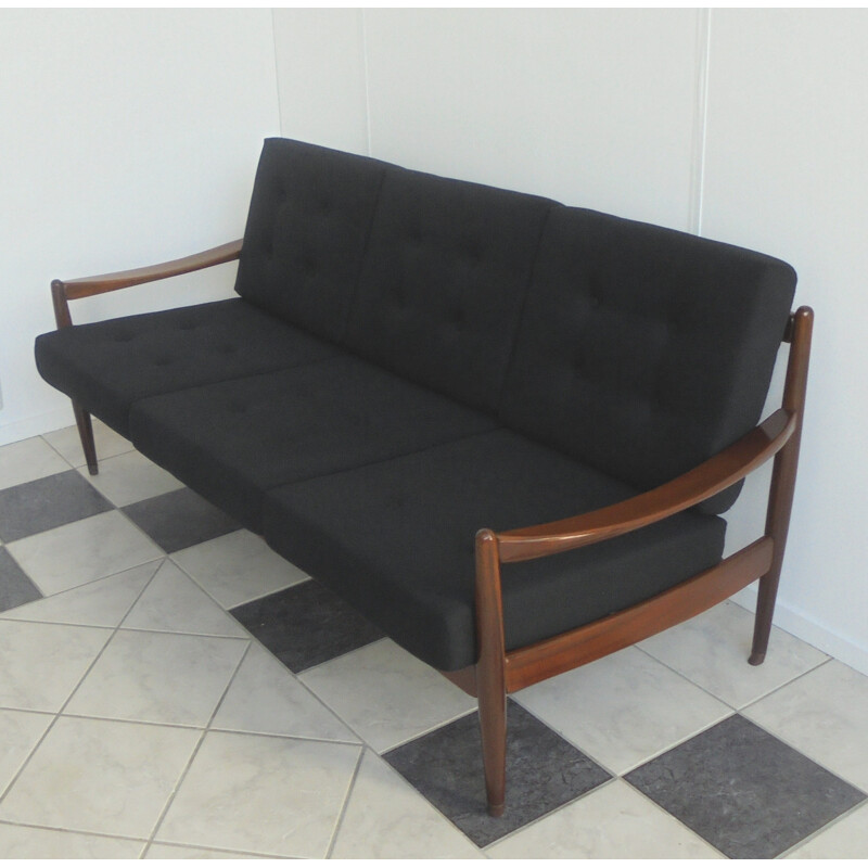 3 seater sofa in wood and fabric, Walter KNOLL - 1960s