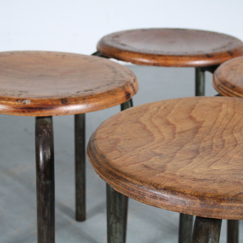 Set of 4 vintage tripod stools by Jean Prouvé for the Lycée Fabert in Metz, France 1950s