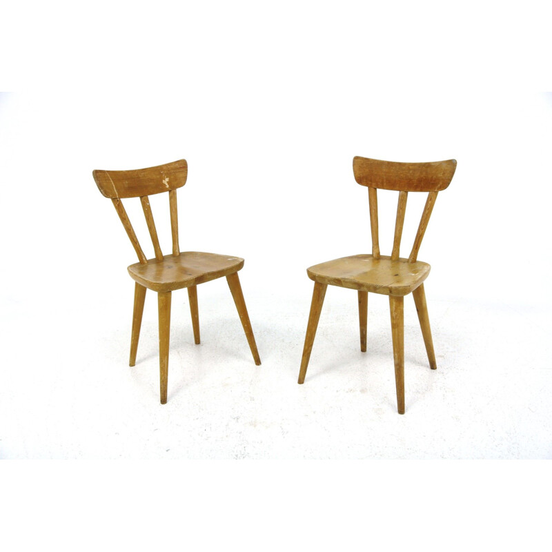 Pair of vintage Brutalist pine chairs by Göran Malmvall, Sweden 1950s