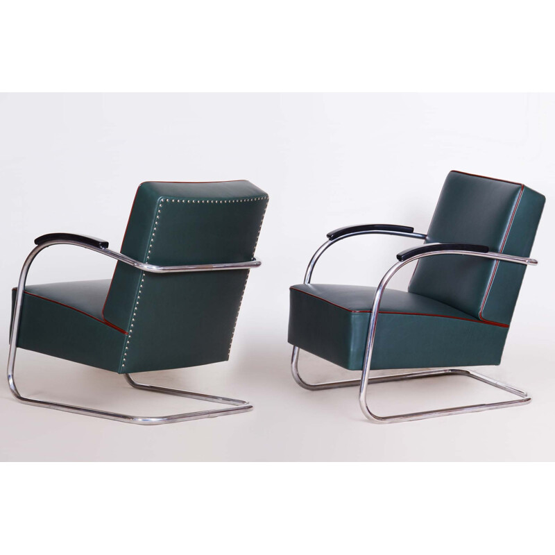 Pair of vintage blue leather Bauhaus armchairs by Mucke Melder, 1930s