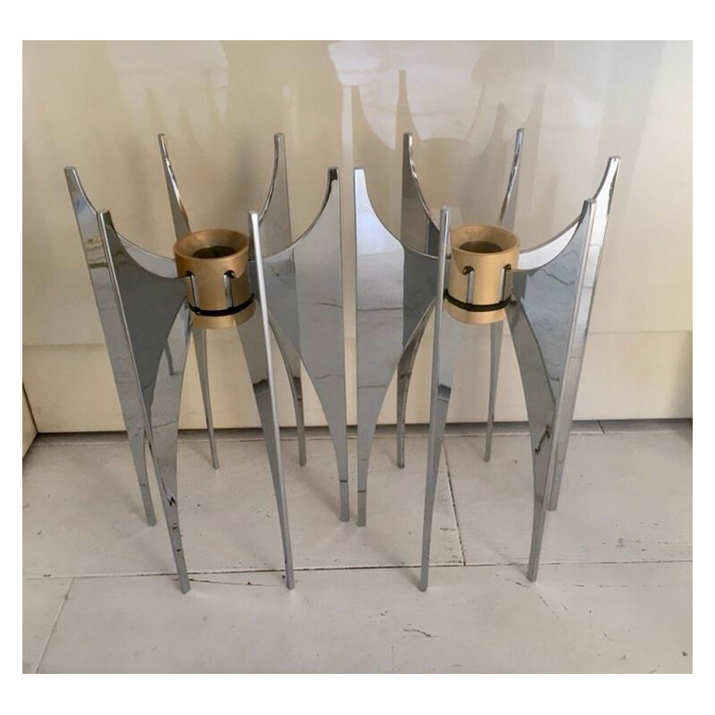 Pair of vintage chrome steel and bronze candlesticks, 1960