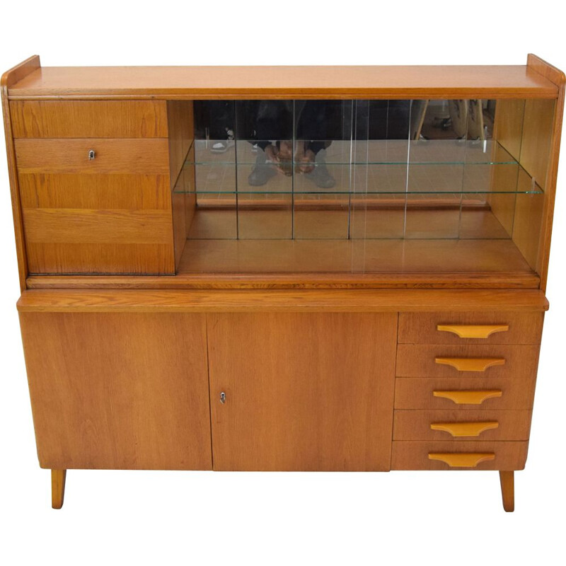 Vintage oak and glass secretary, Czechoslovakia 1960