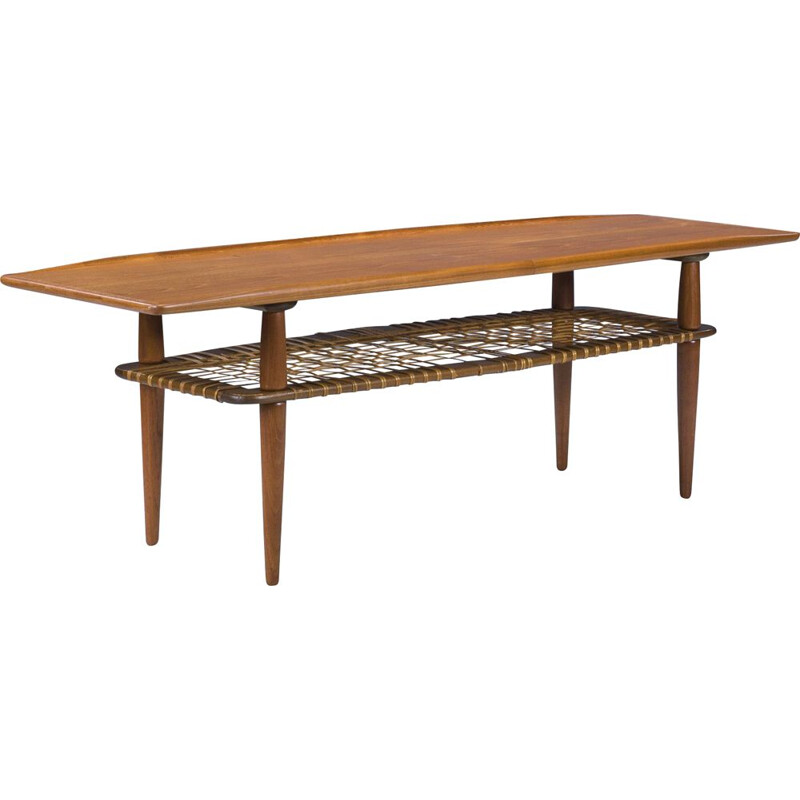 Mid-century coffee table in teak & rattan