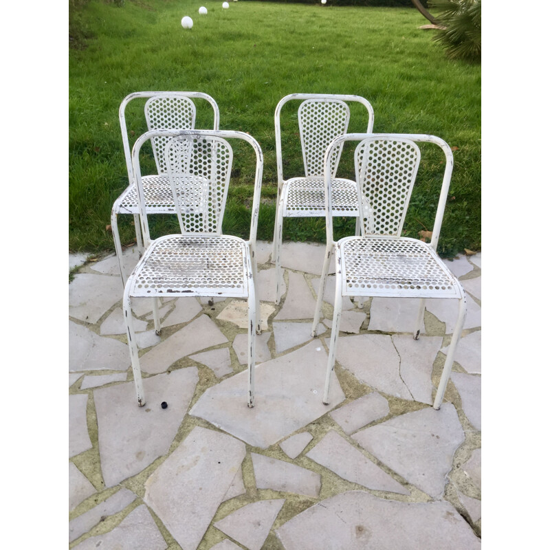 Set of 4 vintage perforated metal chairs by René Malaval for Bloc Métal, 1940