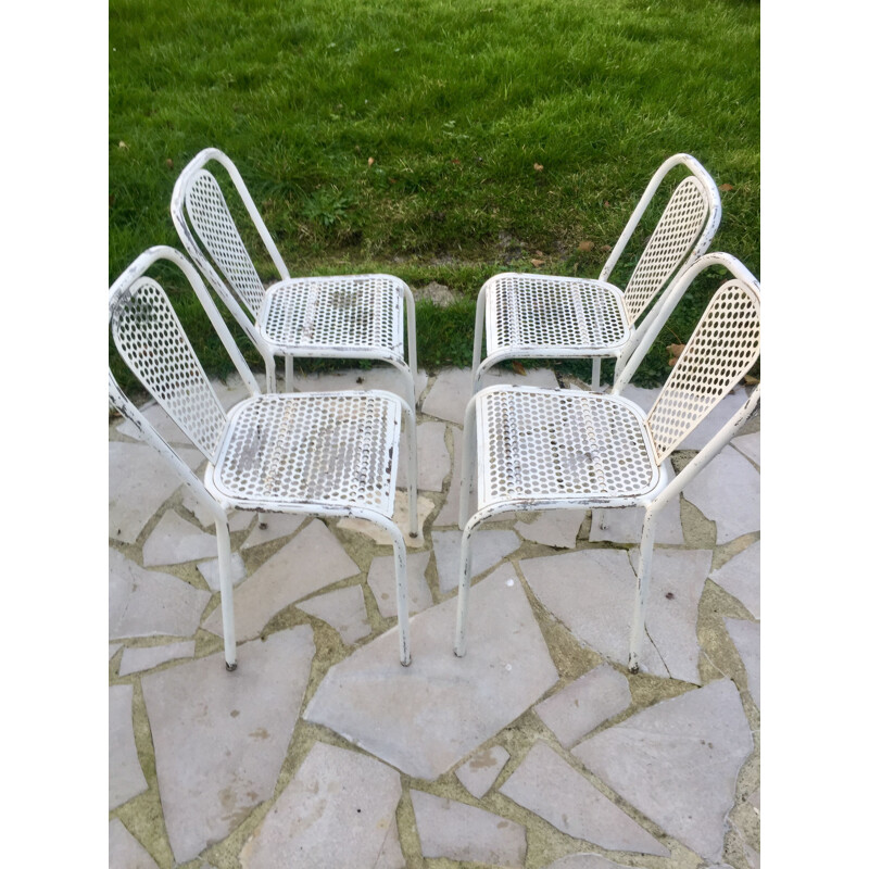 Set of 4 vintage perforated metal chairs by René Malaval for Bloc Métal, 1940
