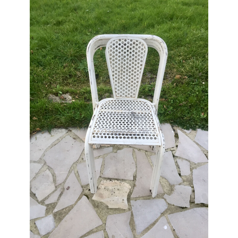 Set of 4 vintage perforated metal chairs by René Malaval for Bloc Métal, 1940