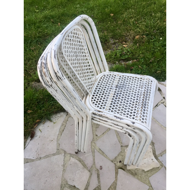 Set of 4 vintage perforated metal chairs by René Malaval for Bloc Métal, 1940