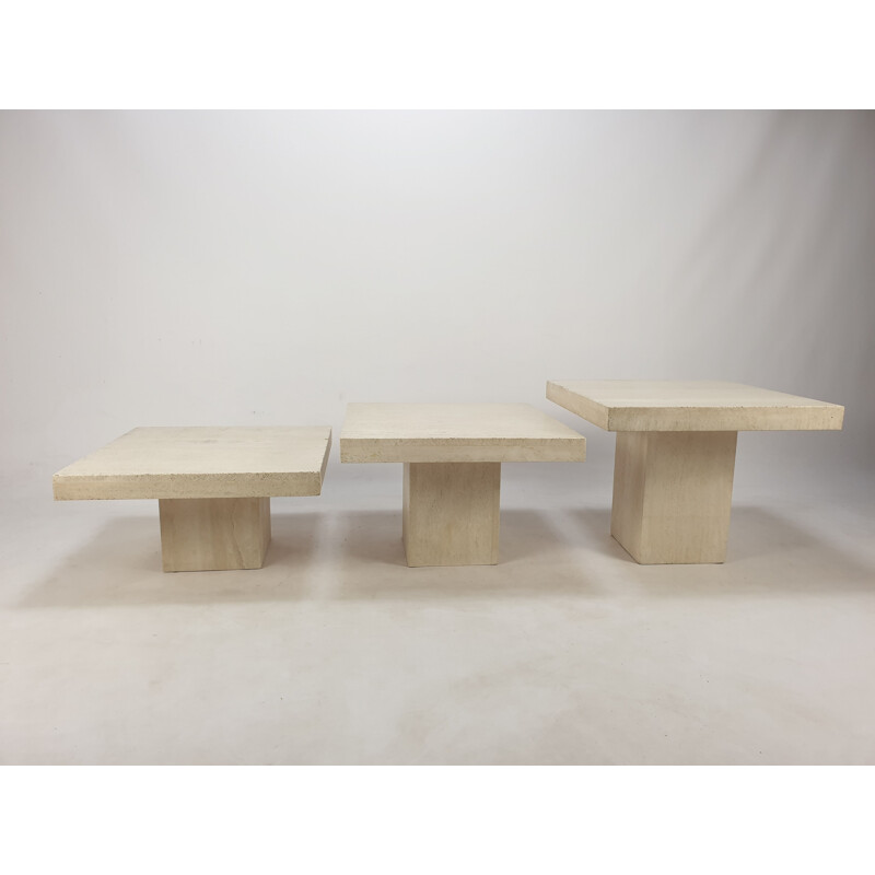 Set of 3 vintage travertine nesting tables, Italy 1980