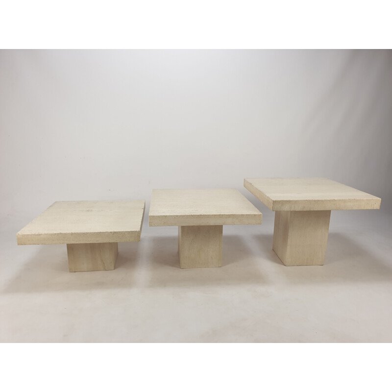 Set of 3 vintage travertine nesting tables, Italy 1980