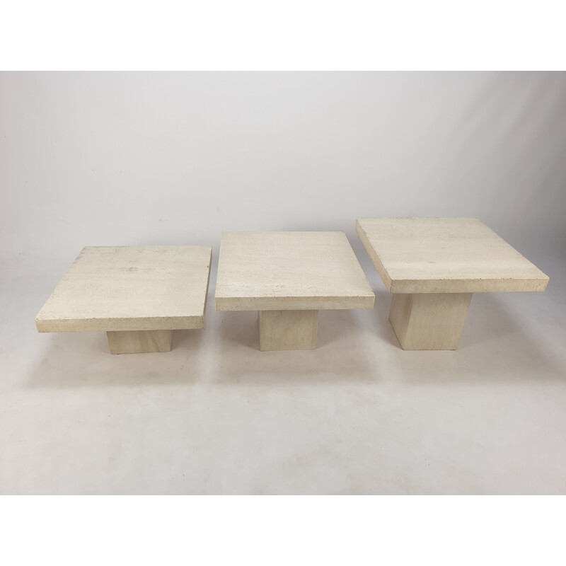 Set of 3 vintage travertine nesting tables, Italy 1980