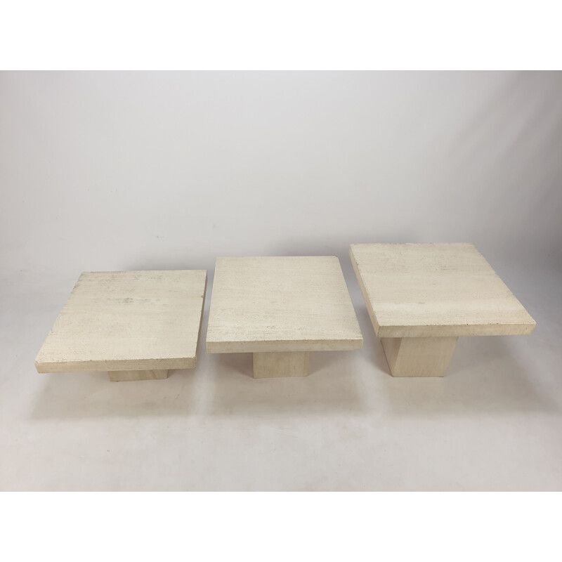 Conjunto de 3 mesas de nidificação vintage travertine, Itália 1980