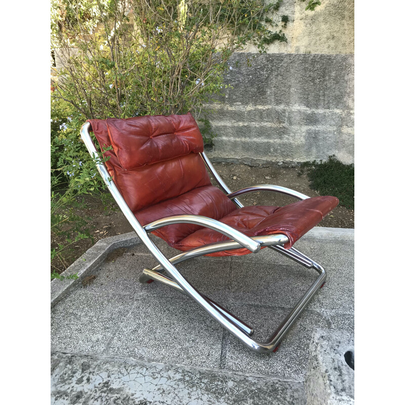 Vintage fauteuil in chromen buizen en leer, Italië 1970