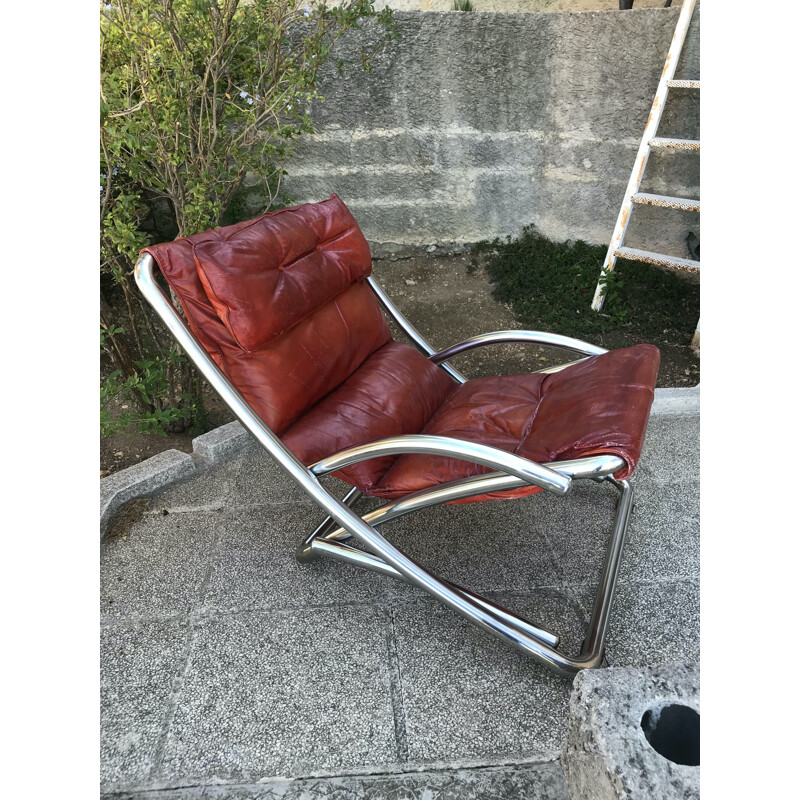 Vintage fauteuil in chromen buizen en leer, Italië 1970