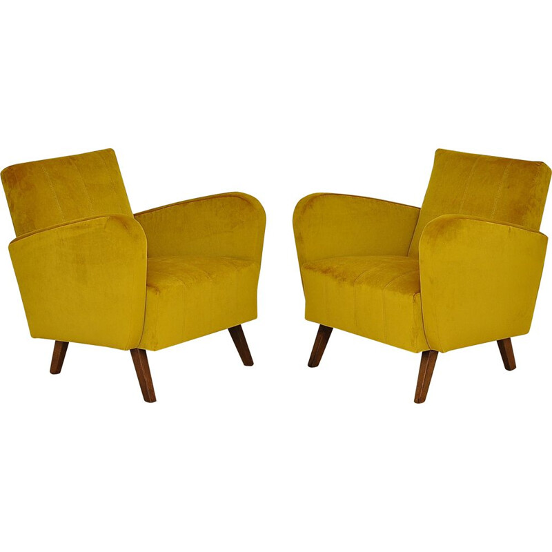 Pair of vintage yellow velvet armchairs, 1960s