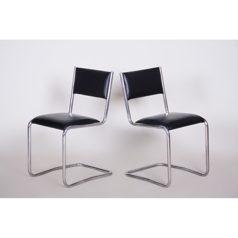 Paar vintage zwart lederen Bauhaus stoelen, 1930