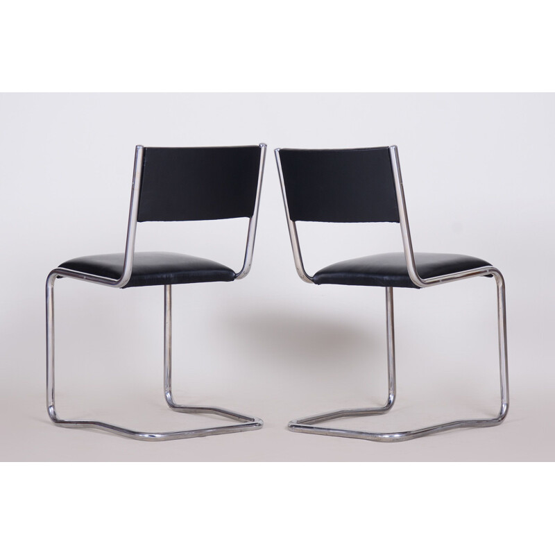 Pair of vintage black leather Bauhaus chairs, 1930s