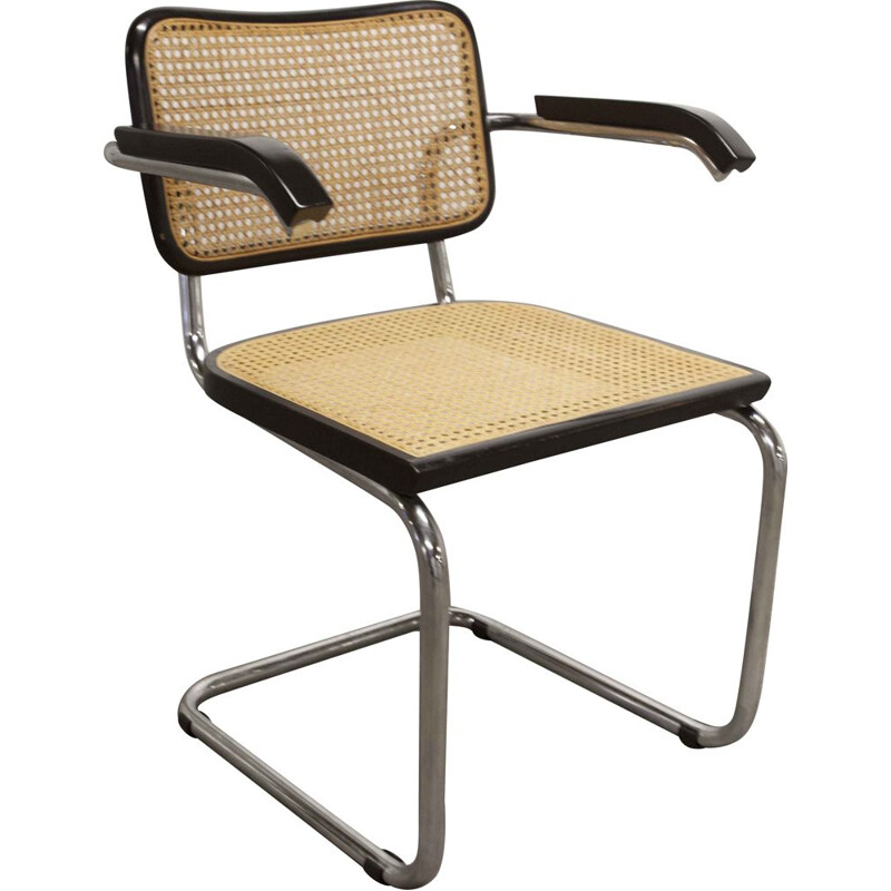 Vintage b64 armchair in black with honey-colored cane by Breuer