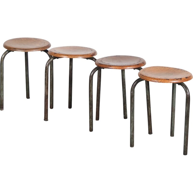 Set of 4 vintage tripod stools by Jean Prouvé for the Lycée Fabert in Metz, France 1950s