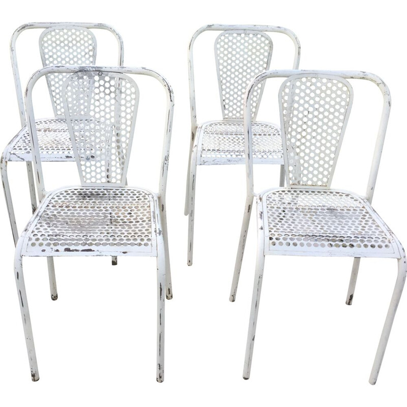 Lot de 4 chaises vintage en métal perforé par René Malaval pour Bloc Métal, 1940