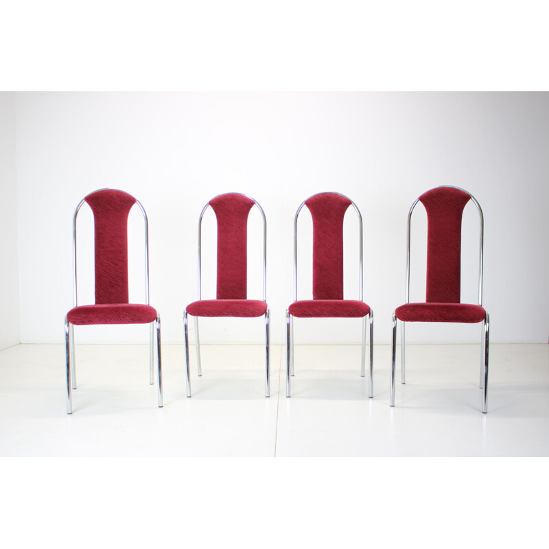 Set of 4 vintage Kovobel chairs in burgundy red, Czechoslovakia 1980s