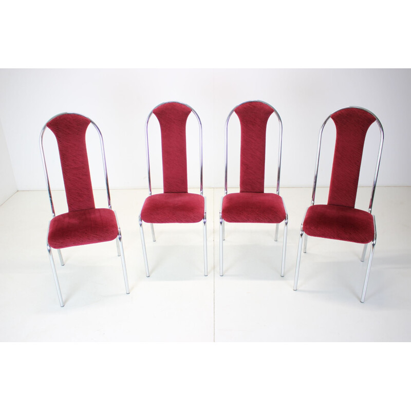 Set of 4 vintage Kovobel chairs in burgundy red, Czechoslovakia 1980s