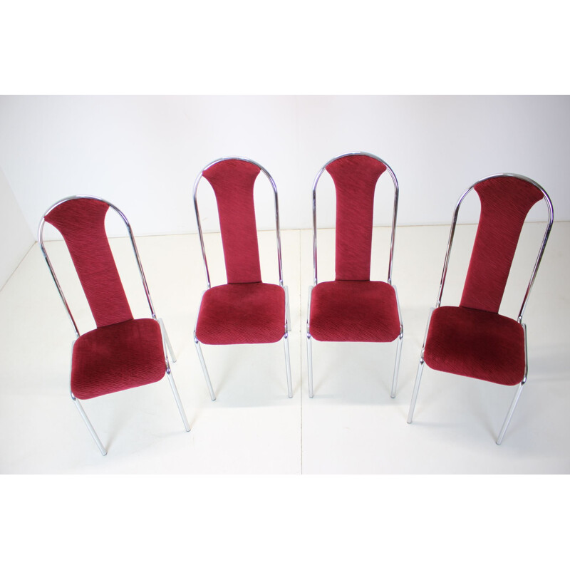 Set of 4 vintage Kovobel chairs in burgundy red, Czechoslovakia 1980s