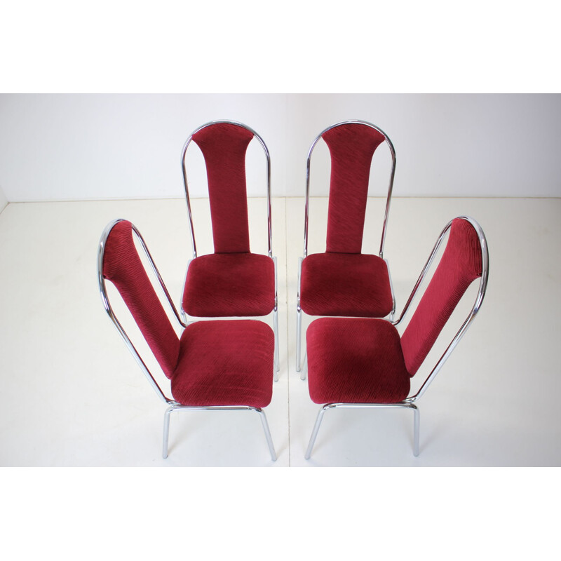 Set of 4 vintage Kovobel chairs in burgundy red, Czechoslovakia 1980s