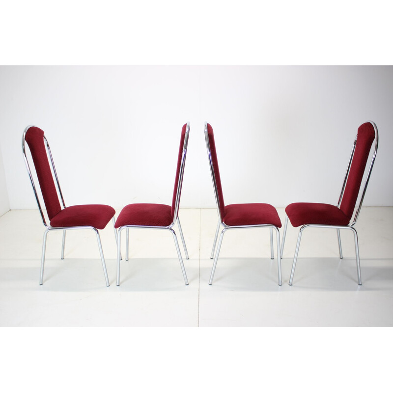 Set of 4 vintage Kovobel chairs in burgundy red, Czechoslovakia 1980s