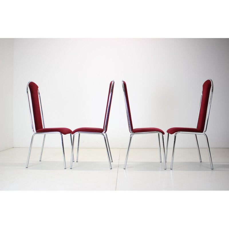 Set of 4 vintage Kovobel chairs in burgundy red, Czechoslovakia 1980s