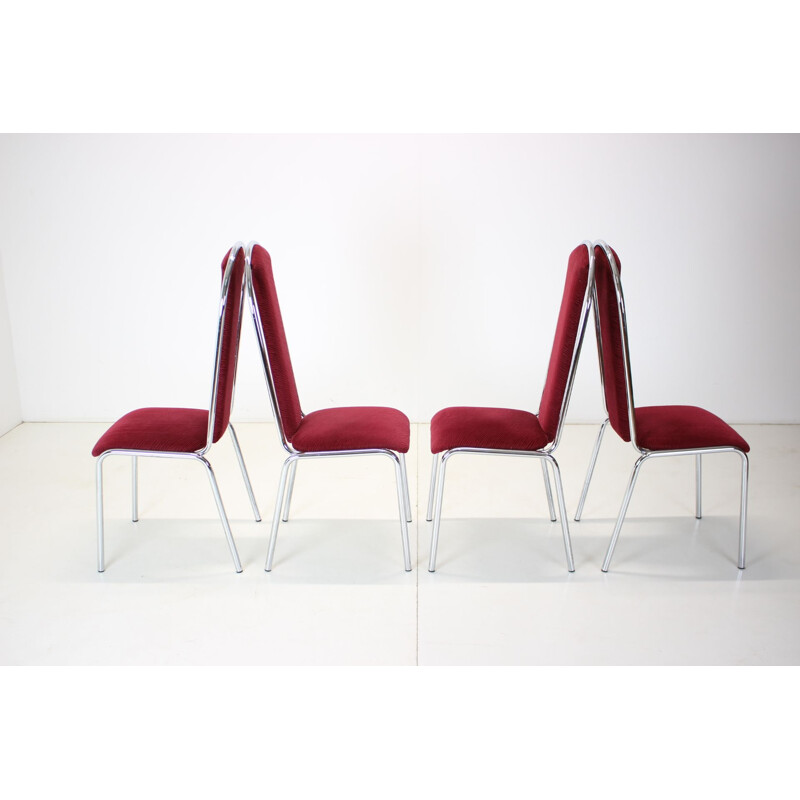 Set of 4 vintage Kovobel chairs in burgundy red, Czechoslovakia 1980s