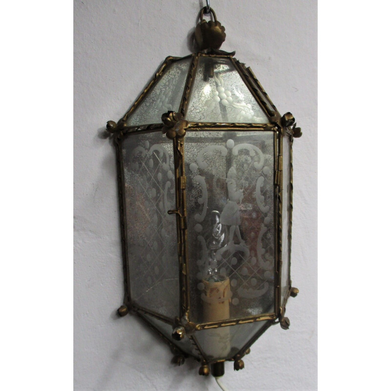 Vintage wall lamp in metal and etched glass, 1950s