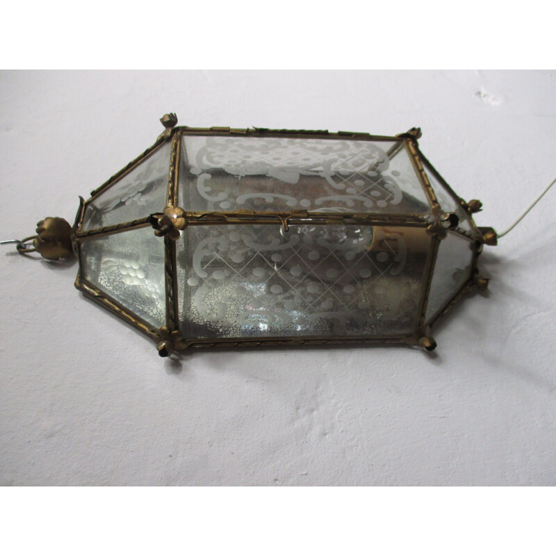 Vintage wall lamp in metal and etched glass, 1950s