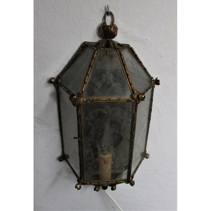 Vintage wall lamp in metal and etched glass, 1950s