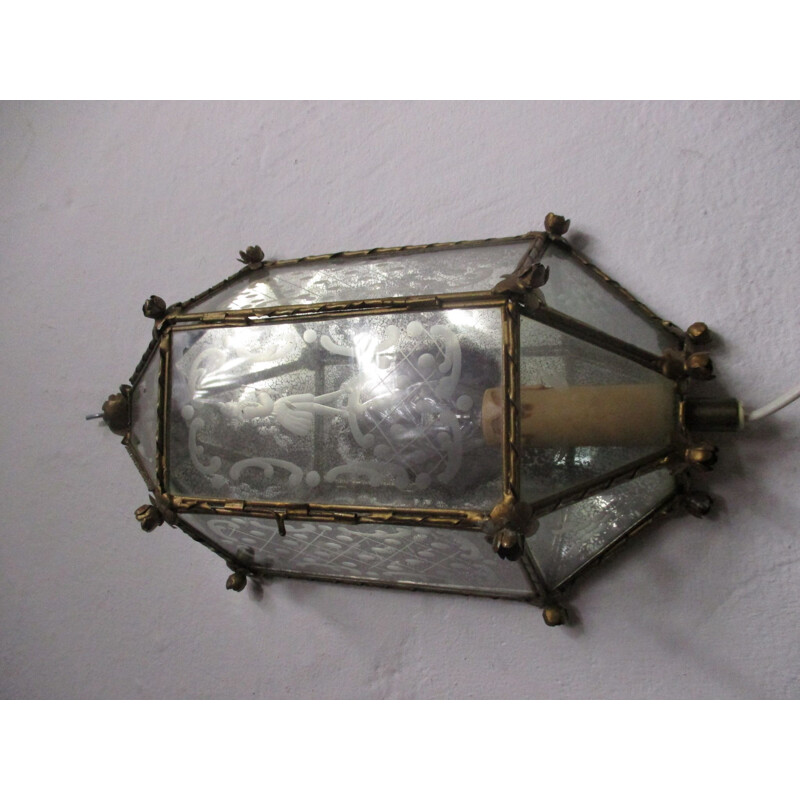 Vintage wall lamp in metal and etched glass, 1950s