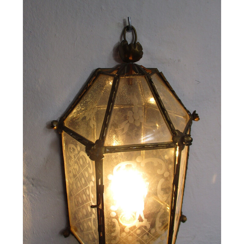 Vintage wall lamp in metal and etched glass, 1950s