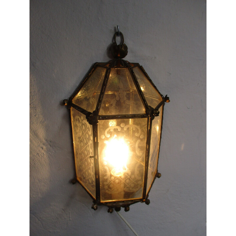 Vintage wall lamp in metal and etched glass, 1950s