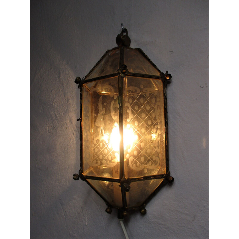 Vintage wall lamp in metal and etched glass, 1950s