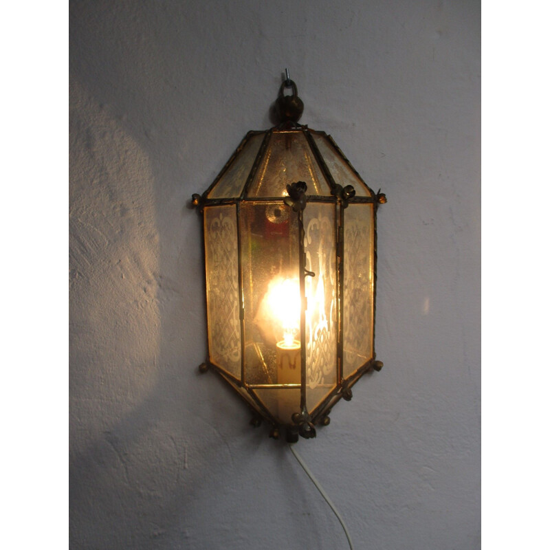 Vintage wall lamp in metal and etched glass, 1950s