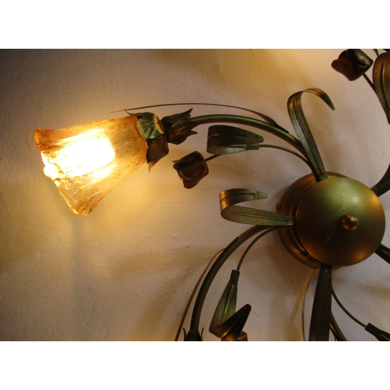 Vintage glass and metal ceiling lamp, 1980s