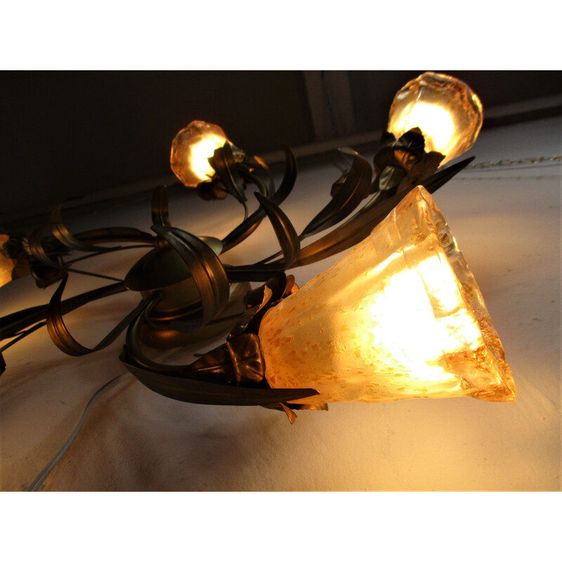 Vintage glass and metal ceiling lamp, 1980s