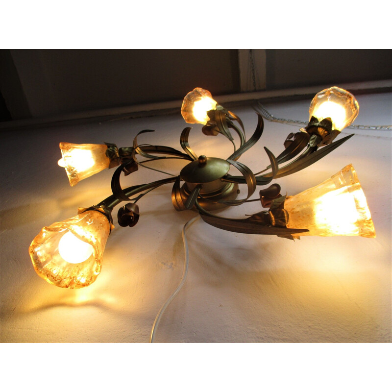 Vintage glass and metal ceiling lamp, 1980s